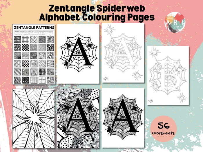 Zentangle Spiderweb Alphabet Coloring Pages – A–Z Gothic Letter Designs | Halloween Art Activity