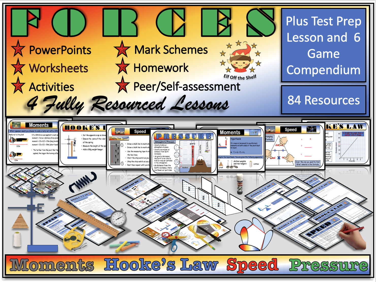 Forces -  Pressure, Moment, Speed & Hooke's Law 4 Fully Sourced Lessons  Plus 6 Games Plus Test Prep  Lesson KS3