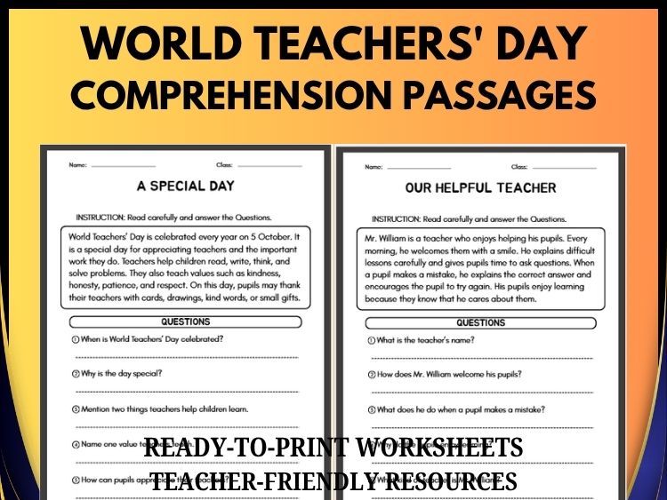 World Teachers' Day Reading Comprehension | 20 Passages, Questions & Answers | Grades 2–8