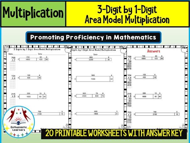 3-Digit by 1-Digit Area Model Multiplication Worksheets Math problems