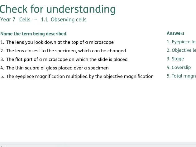 Biology KS3 - Check for understanding Q&As