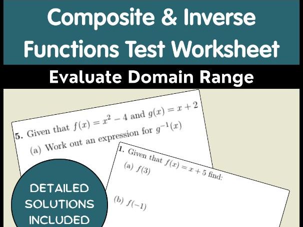 Composite & Inverse Functions Test Worksheet | Evaluate Domain Range