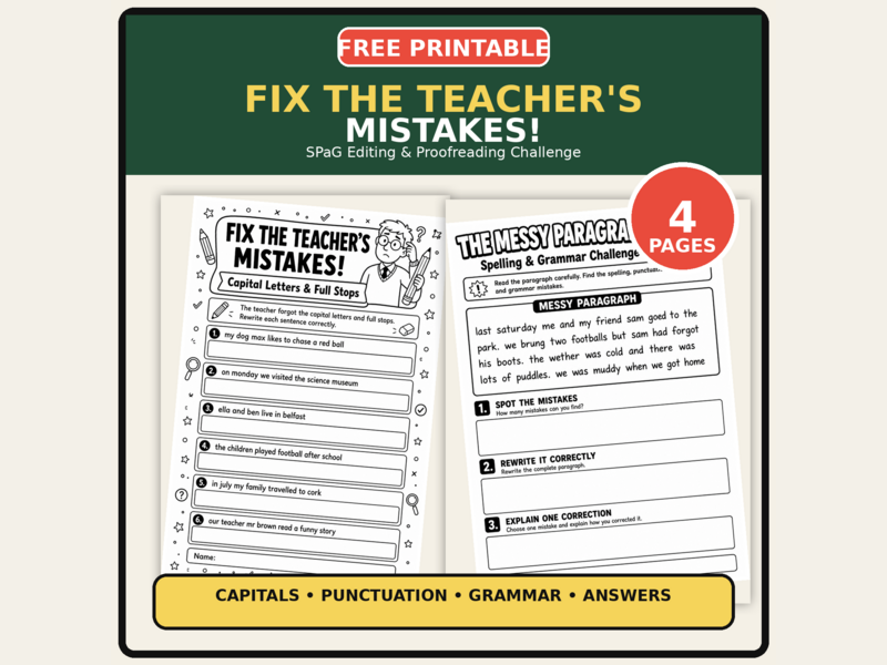 Fix the Teacher’s Mistakes – FREE KS2 SPaG Editing Worksheet | Grammar, Punctuation & Spelling Activ