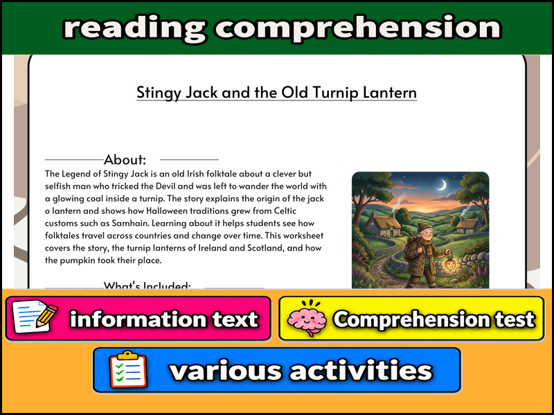 Stingy Jack and the Old Turnip Lantern  & Comprehension Test