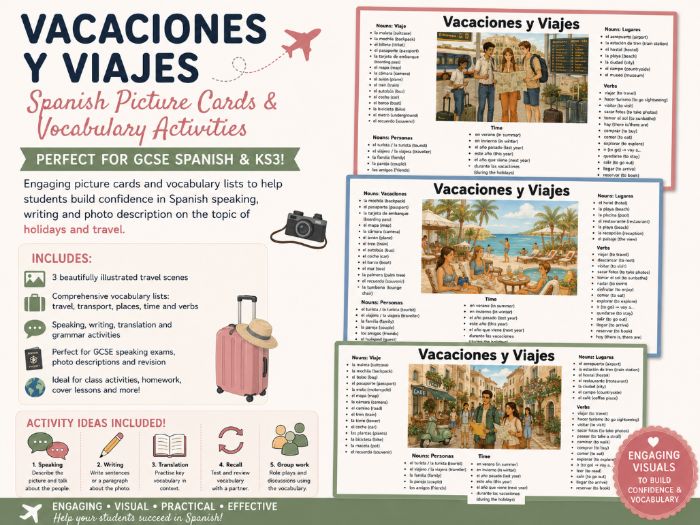Vacaciones y Viajes Spanish Picture Cards & Vocabulary Activities | Spanish Speaking Resource