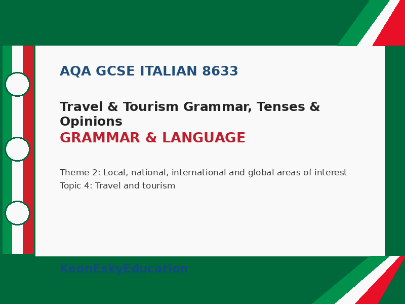 AQA GCSE Italian - Travel & Tourism Grammar, Tenses & Opinions