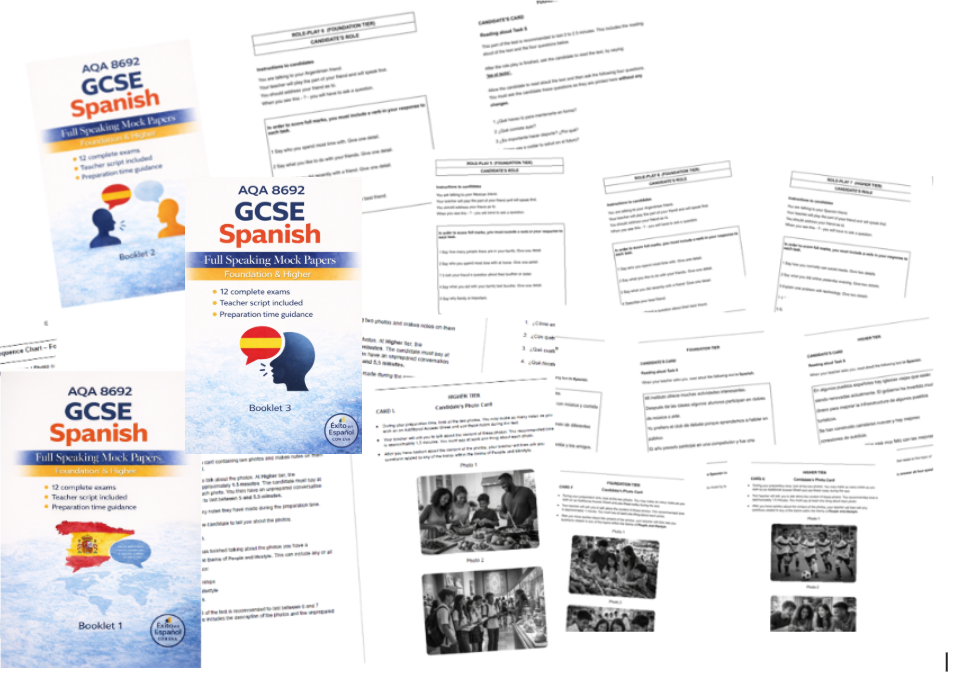 AQA GCSE Spanish 36 Speaking Mock Papers (F+H); Extra questions; Sequence chart_3 Booklets