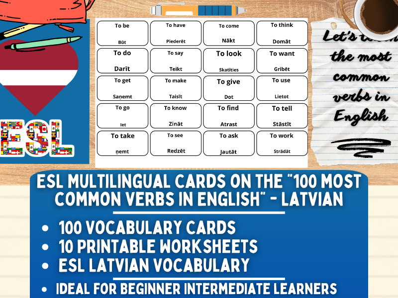 ESL Multilingual Vocabulary Flashcards - 100 most common verbs - Latvian