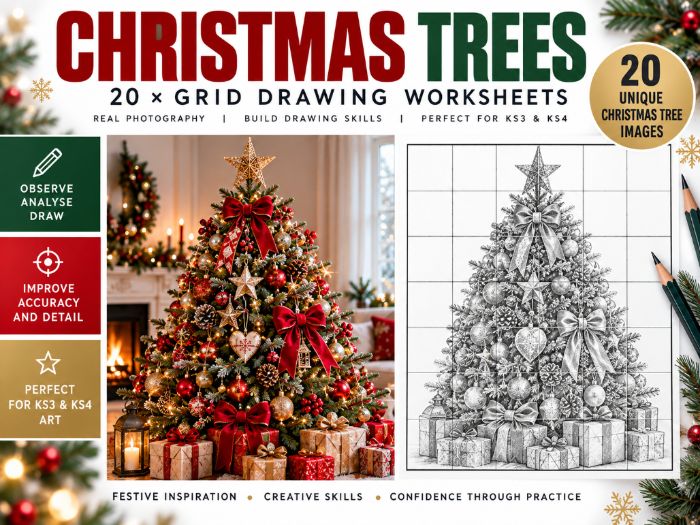 Christmas Tree Grid Drawing Worksheets | 20 Festive Drawing Activities | KS3 KS4 Art