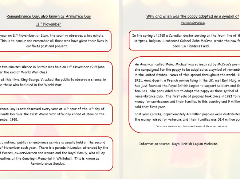 KS2 Remembrance/Armistice Day Information Sheet including Poppy as a symbol of remembrance history