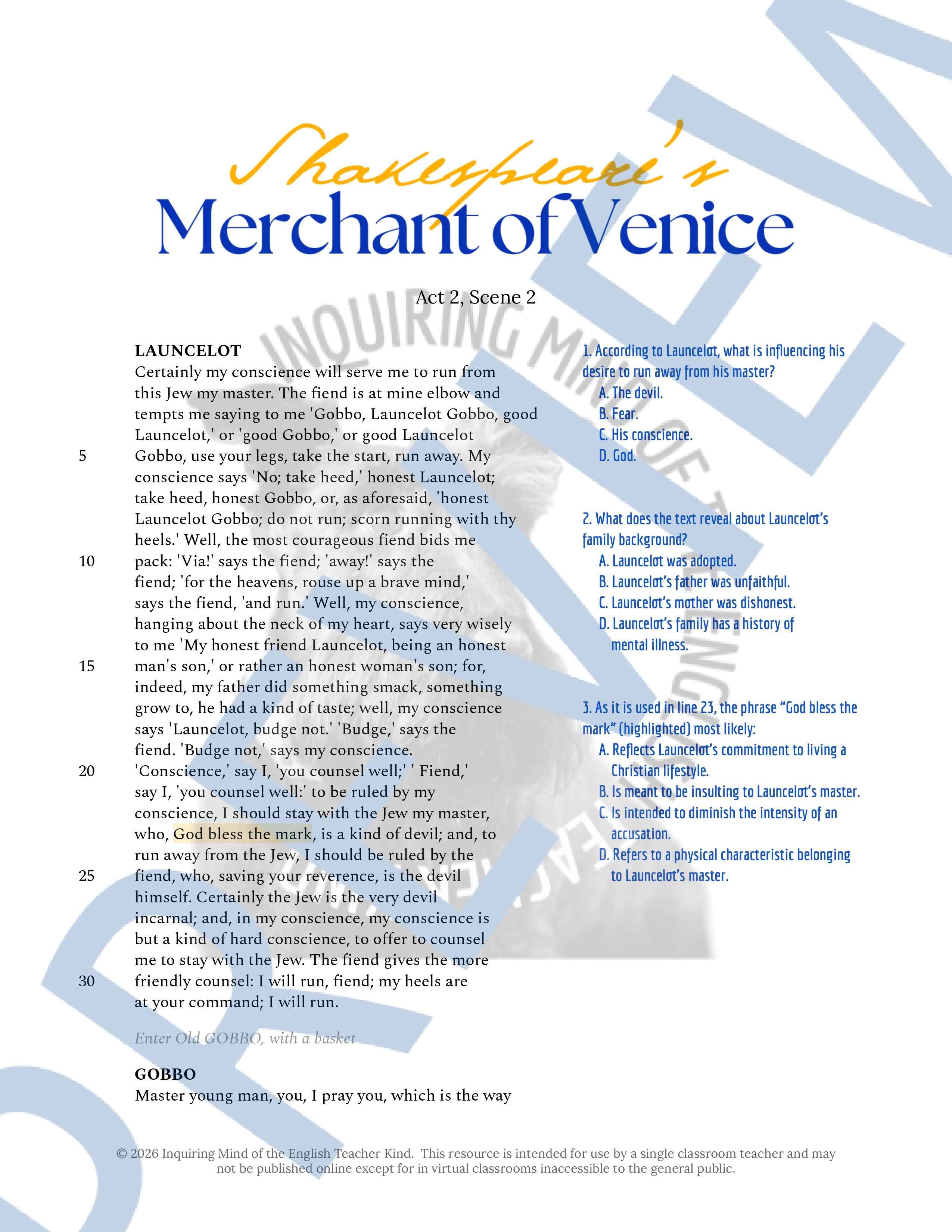 The Merchant of Venice Act 2 Scene 2 Close Reading Analysis Worksheet ...