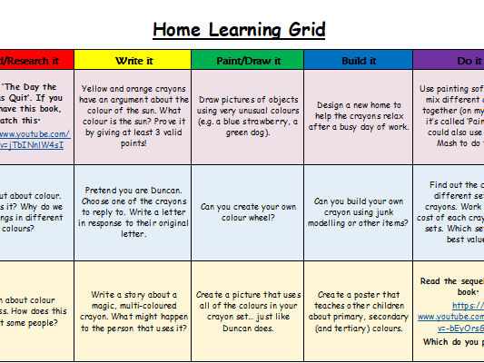 The Day the Crayons Quit (home learning grid)