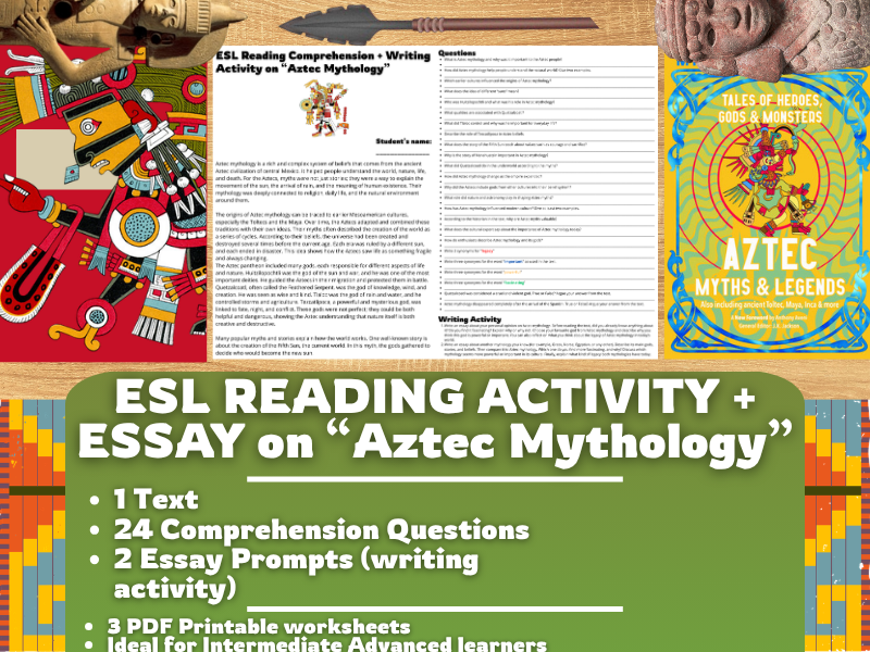 ESL Reading Comprehension + Writing Activity Worksheets on Aztec Mythology
