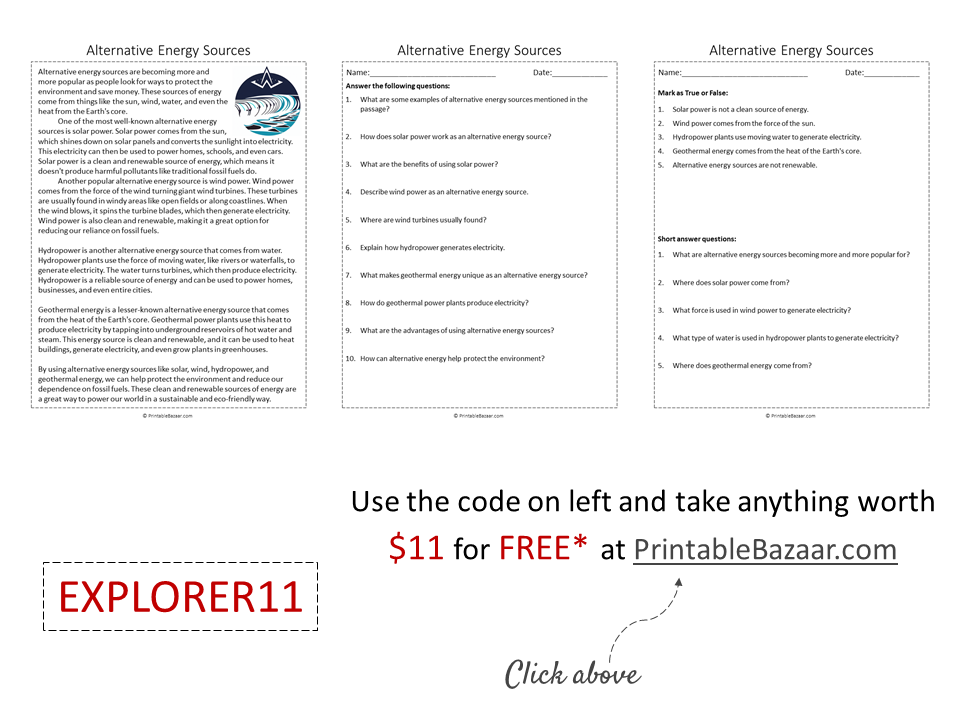 Alternative Energy Sources Reading Comprehension Passage Printable ...