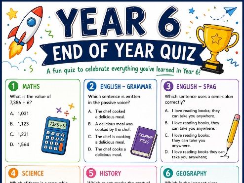 Year 6 End of Year Quiz – Fun Printable Classroom Review Worksheet