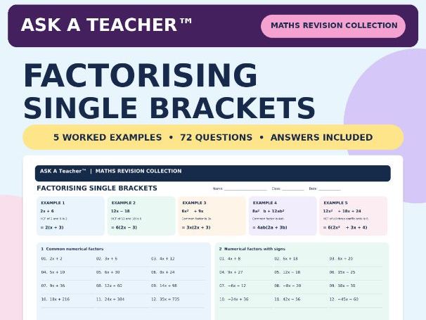 Factorising Single Brackets | Differentiated Algebra Worksheet | KS3 & GCSE | Ideal for Cover Lesson