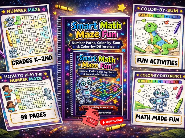 Math Maze Activity Book Printable – Number Path Mazes 1-25, Color by Sum, Color by Difference, 98 pg