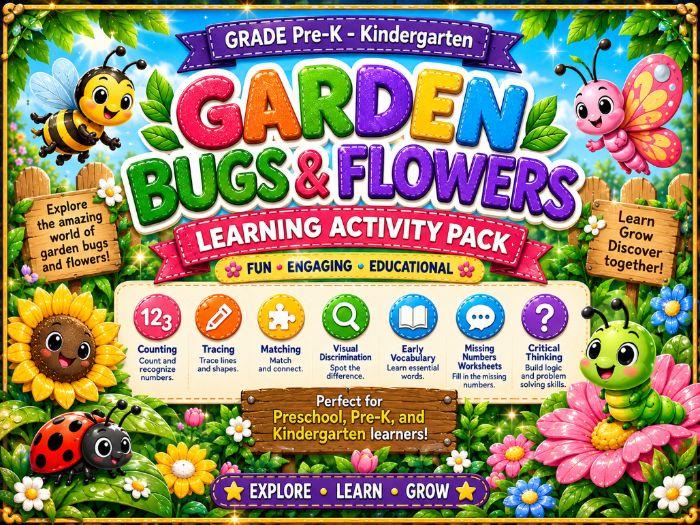 Garden Bugs & Flowers Worksheets | Math, Counting, Tracing & Vocabulary | Pre-K–Kindergarten