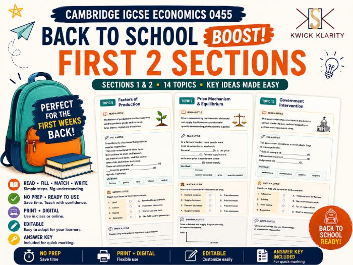 Cambridge IGCSE Economics 0455 Back to School | Sections 1 & 2 Worksheets