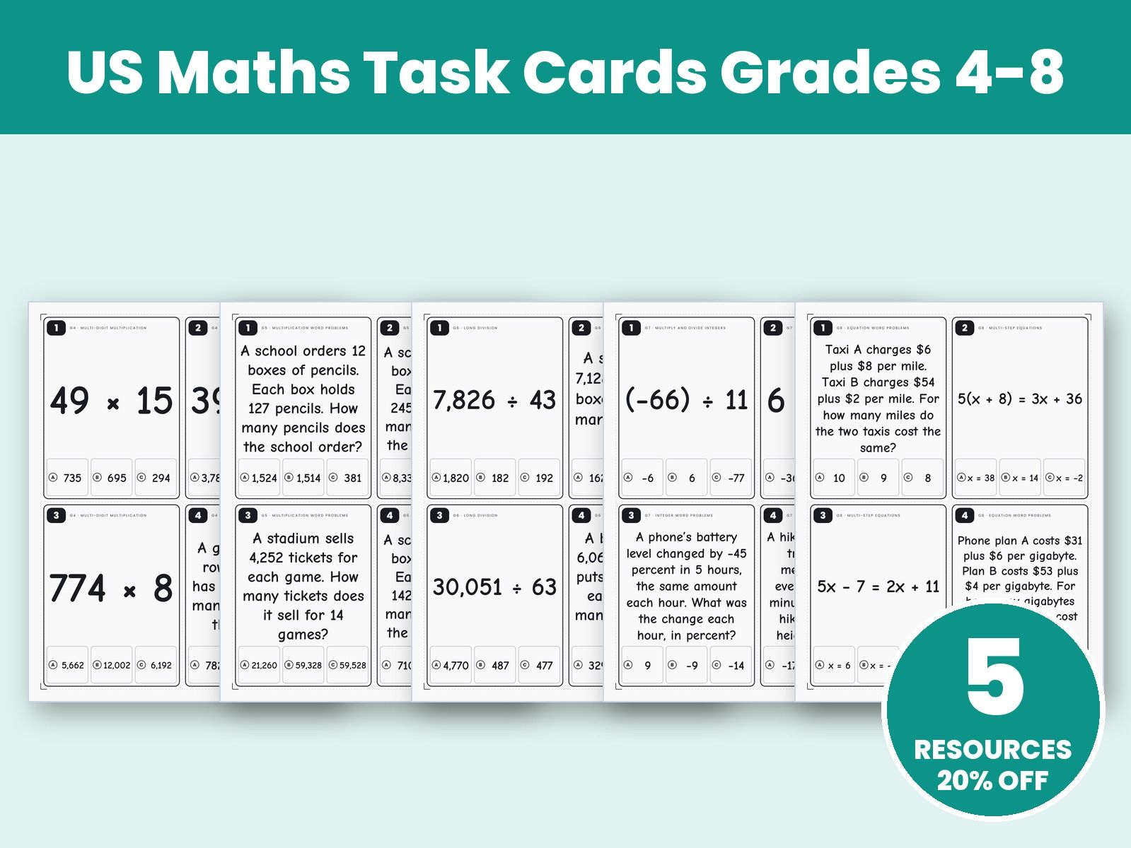 US Maths Task Cards Bundle Grades 4-8