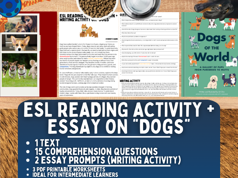ESL Reading Comprehension + Writing Activity Worksheets on Dogs - Pets