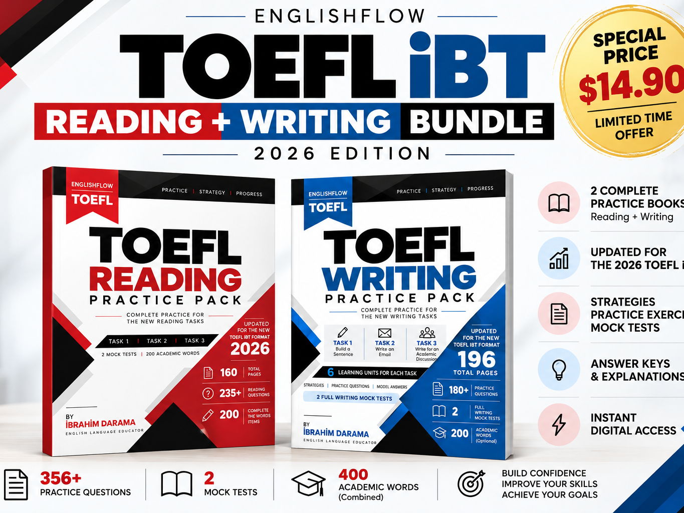 TOEFL iBT Reading & Writing Bundle 2026 | Practice Packs, Mock Tests, Strategies & Answer Keys