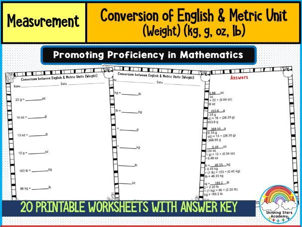 Conversion of English & Metric Unit (Weight) (kg, g, oz, lb) Worksheets | Practical Math & Science P
