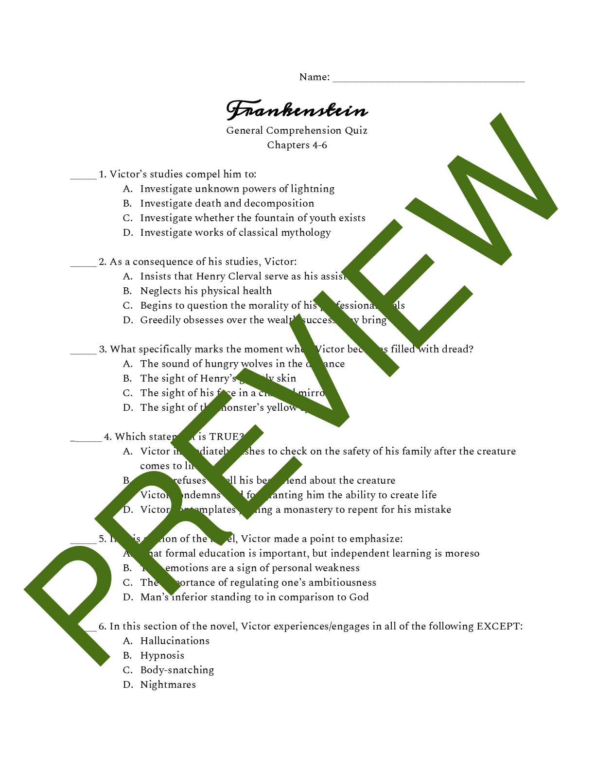 Frankenstein Quiz on Chapters 46 Teaching Resources