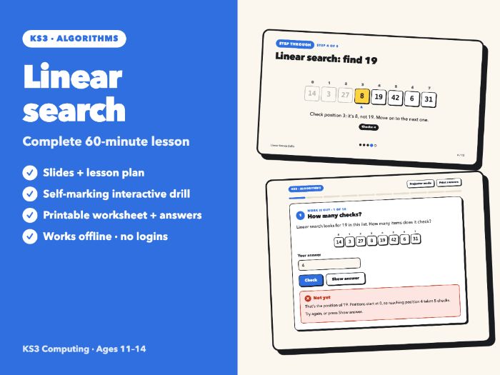 Linear Search: Complete KS3 Lesson | Step-Through Slides, Self-Marking Drill, Worksheet | Ages 11-14