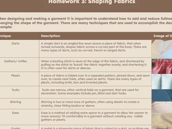 Fabric Shaping Investigation (Darts, Pleats, Tucks, Shirring etc)