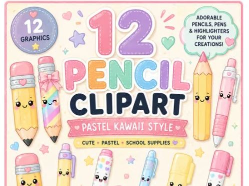 Pencil Clipart | 12 Cute Pastel Pencil & Pen Clip Art | Kawaii School Supplies