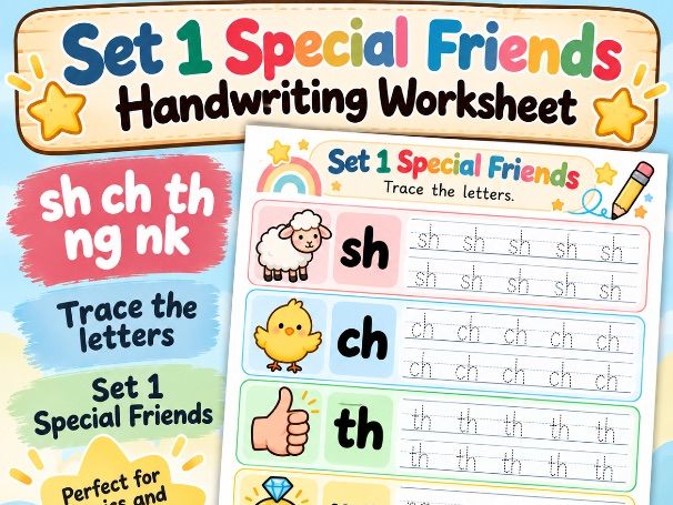 Set 1 Special Friends Handwriting | sh ch th ng nk | Phonics Tracing Worksheet