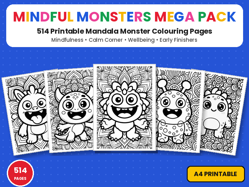 Mindful Monsters Mega Pack | 514 Mandala Monster Printable Colouring Page Worksheets | Calm Corner