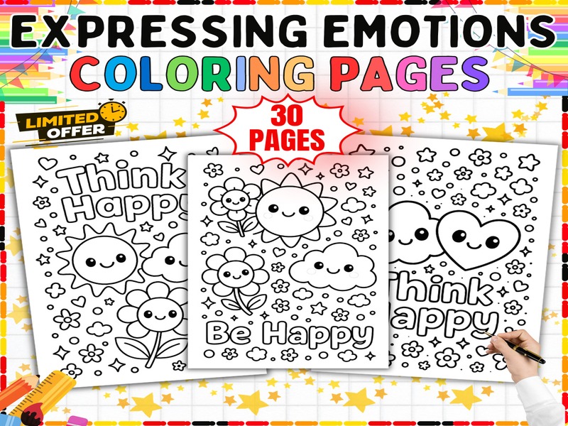 Feelings Coloring Sheets | 30 Page Coloring Sheets | Happy Faces Sun and Flowers