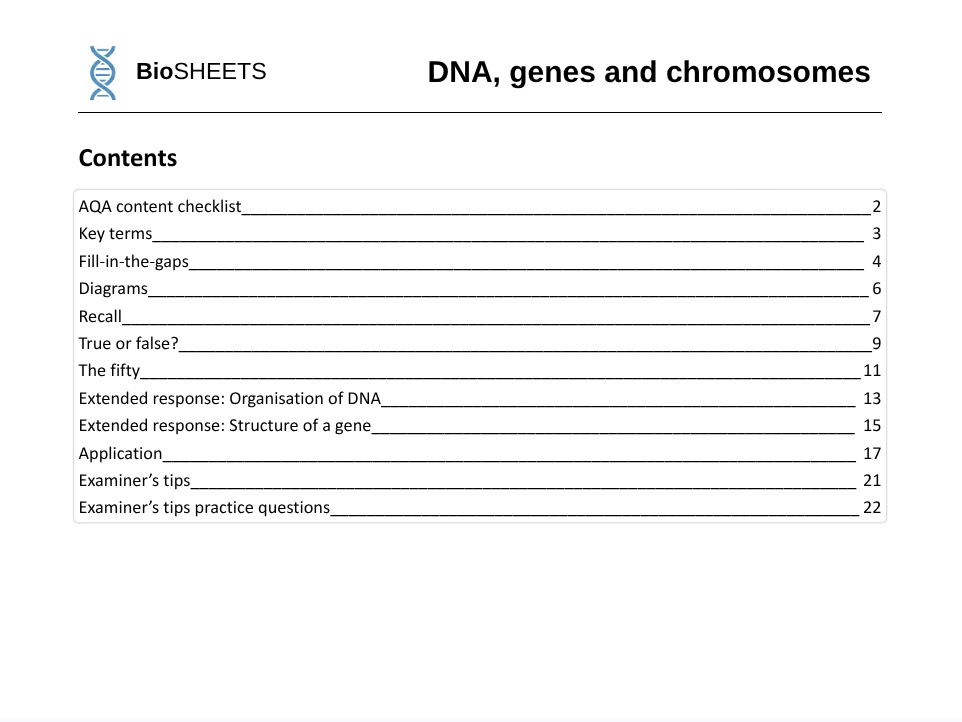 [Free] AQA A-Level Biology: 4.1 DNA, genes, chromosomes – BioSHEETS Complete Study & Practice Pack