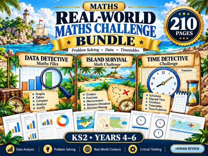 KS2 Maths Problem Solving Bundle | Data Handling, Time & Island Survival | 210 Pages