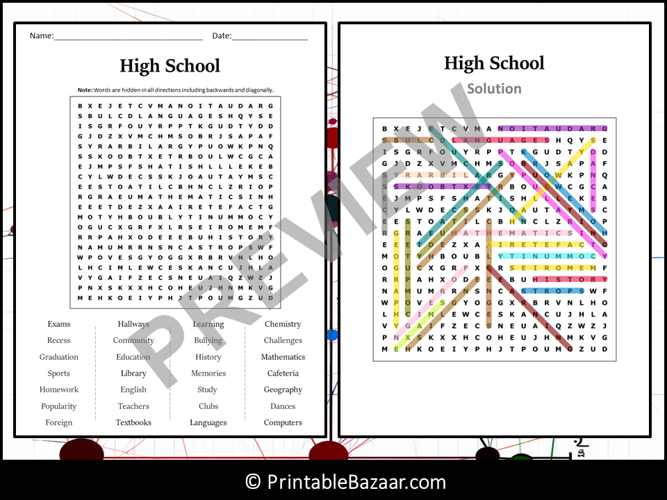 High School Word Search Puzzle Worksheet Activity Teaching Resources