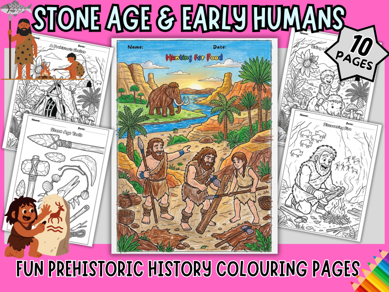 Stone Age & Early Humans Colouring Pages | Prehistoric History Worksheets (KS1 & KS2)