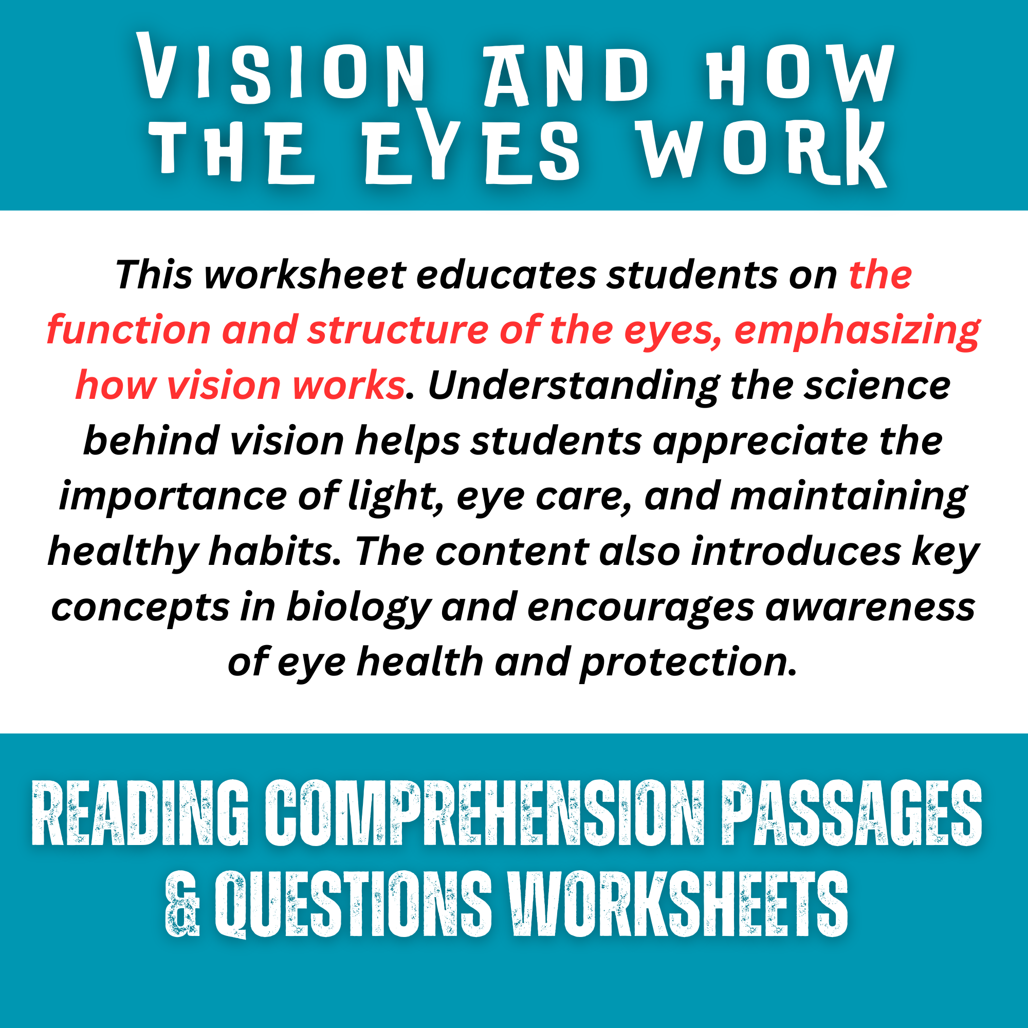Vision and How the Eyes Work - Health Reading Worksheet | Teaching ...
