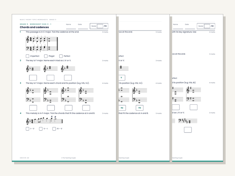 Grade 5 Music Theory Worksheets: Chords & Cadences (20 Sheets + Answers)