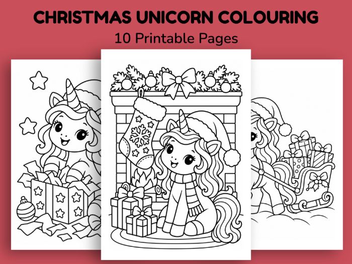Christmas Unicorn Colouring Pages – 10 A4 Printable Colouring Sheets for Children