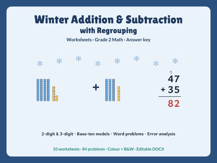Winter addition & subtraction regrouping worksheets Grade 2
