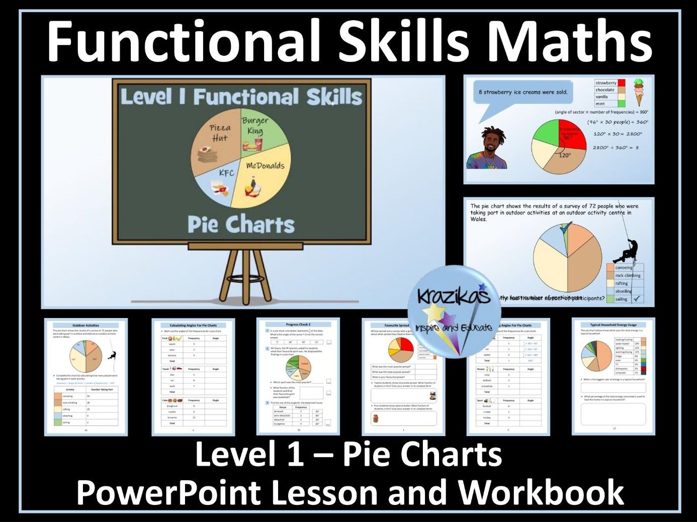Pie Charts - Statistics - Level 1 Functional Skills Maths - PowerPoint Lesson and Workbook