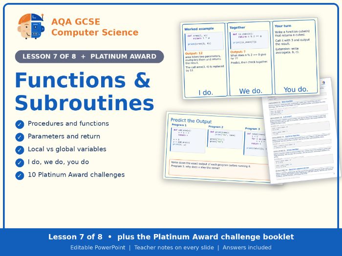 AQA GCSE Computer Science 3.2 Python Functions Lesson