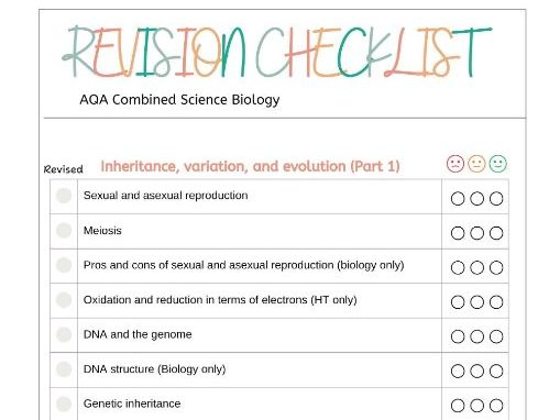 AQA Biology revision checklist/ Combined science and Triple