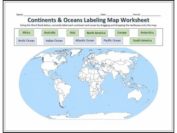 Continents & Oceans Labeling Worksheet Map - Geography