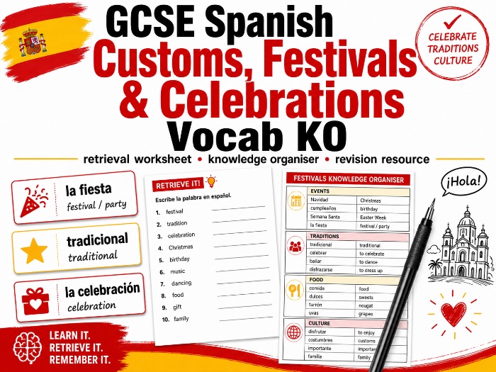 AQA GCSE Spanish Customs, Festivals and Celebrations Vocabulary Knowledge Organiser / Retrieval Reso