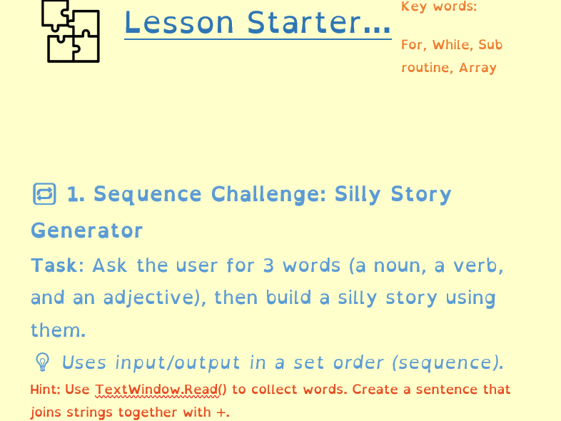 KS3 Small Basic: Lesson 7 – Full Revision Challenge (Sequence, IF, Loops, Subroutines & Arrays)