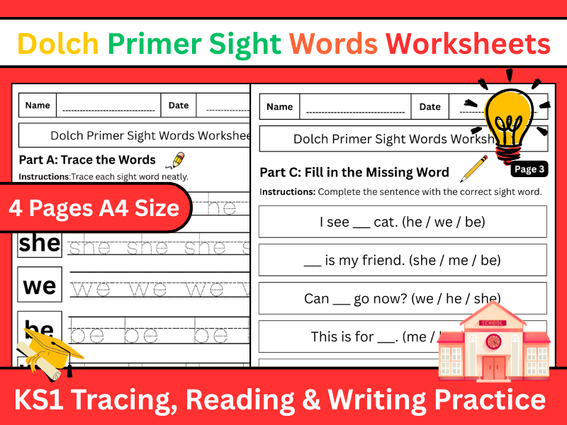 Dolch Primer Sight Words Worksheets | KS1 Tracing, Reading & Writing Practice