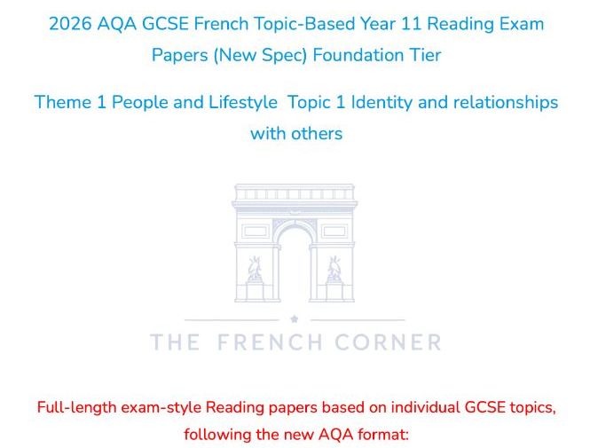 FREE 2026 AQA GCSE French Topic-Based Reading Exam Paper 1.1 – Foundation Tier